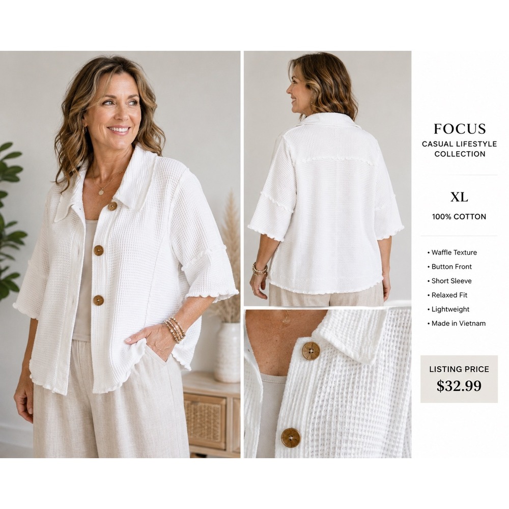 Focus Casual Lifestyle Jacket Women's XL White Waffle Cotton Button Front